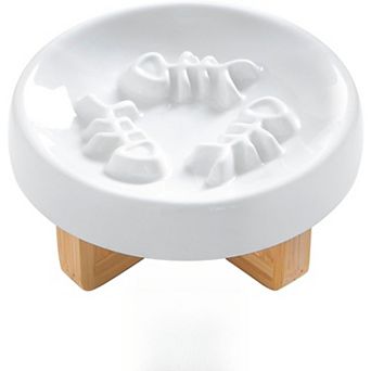 Ceramic Cat Dog Feeder, Slow Feed Bowl with Stand, 2.5'' High, 5.2'' Wide, Whisker Friendly