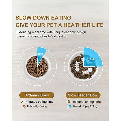 Ceramic Cat Dog Feeder, Slow Feed Bowl with Stand, 2.5'' High, 5.2'' Wide, Whisker Friendly
