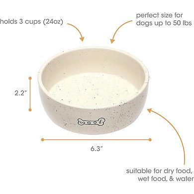 Ceramic Pet Bowl 3-Cup Capacity Durable Speckled Dish with Woof Graphic Food Water Feeder