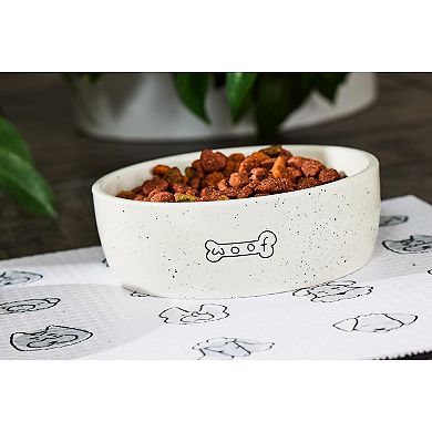 Ceramic Pet Bowl 3-Cup Capacity Durable Speckled Dish with Woof Graphic Food Water Feeder