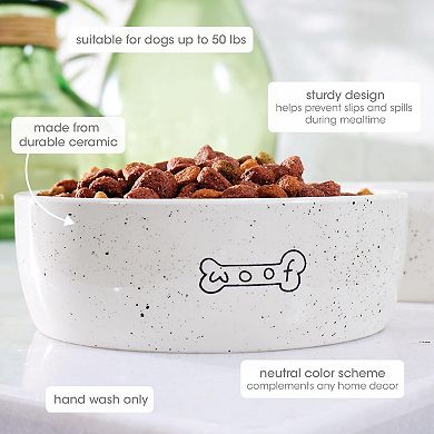 Ceramic Pet Bowl 3-Cup Capacity Durable Speckled Dish with Woof Graphic Food Water Feeder