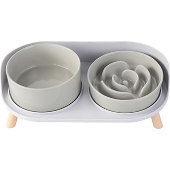 Elevated Slow Feeder Dog Bowls - Ceramic Food and Water Bowl Set with Stand