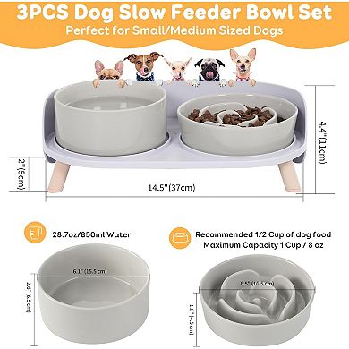 Elevated Slow Feeder Dog Bowls - Ceramic Food and Water Bowl Set with Stand