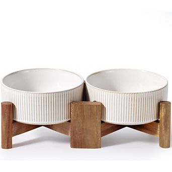 Ceramic Dog Bowls with Acacia Wood Stand, 30 Fl Oz, Set of 2, Food Bowl(6.5 Inches)