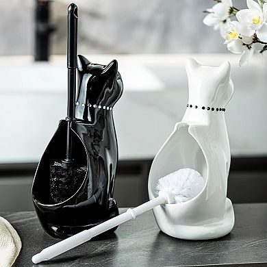 Cat Toilet Brush Holder - Ceramic Whimsical Feline Design with Wide-Mouth Storage