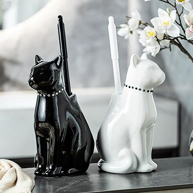 Cat Toilet Brush Holder - Ceramic Whimsical Feline Design with Wide-Mouth Storage