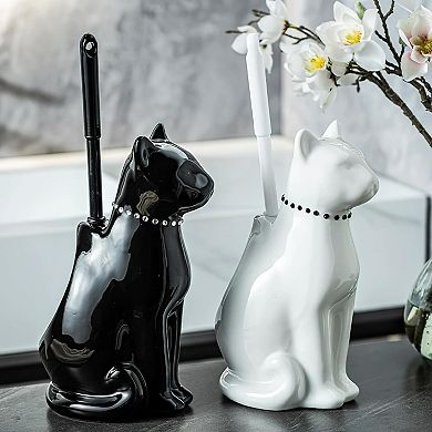 Cat Toilet Brush Holder - Ceramic Whimsical Feline Design with Wide-Mouth Storage