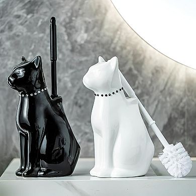 Cat Toilet Brush Holder - Ceramic Whimsical Feline Design with Wide-Mouth Storage