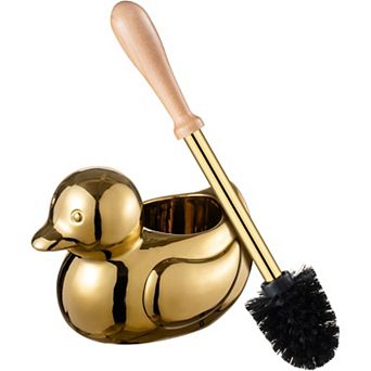 Ceramic Bathroom Toilet Scrubber Brush Organizer with Wooden & Stainless SteelHandle, Cute