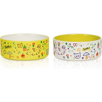 Cute Ceramic Dog Cat Bowl Set of 2, 5.2'' Food Bowl and Water Bowl for Small Dogs and Cats