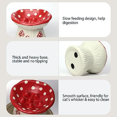 Ceramic Cat Slow Feeder, Cute Mushroom Shape Elevated Food Bowl, Shallow Raised Cat Dish