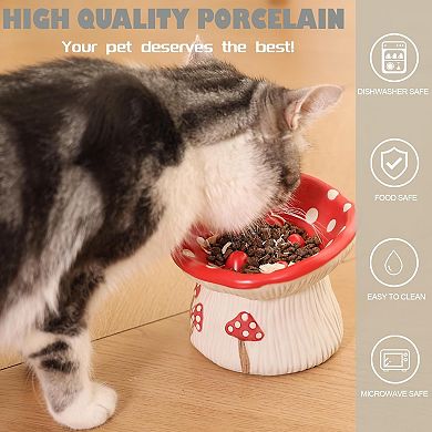Ceramic Cat Slow Feeder, Cute Mushroom Shape Elevated Food Bowl, Shallow Raised Cat Dish