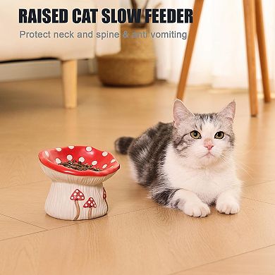 Ceramic Cat Slow Feeder, Cute Mushroom Shape Elevated Food Bowl, Shallow Raised Cat Dish