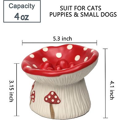 Ceramic Cat Slow Feeder, Cute Mushroom Shape Elevated Food Bowl, Shallow Raised Cat Dish