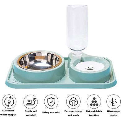 Double Dog Cat Bowls, 2 in1 Pet Water and Food Bowl Set with Automatic Gravity Water Bottle