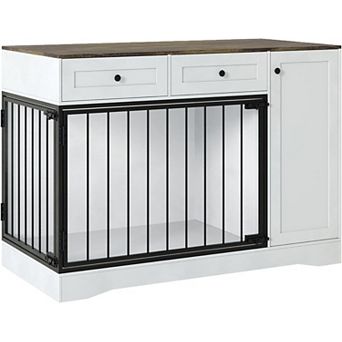 47" Dog Crate Furniture & TV Stand - Farmhouse Double Door Kennel with Drawers & Storage for Small