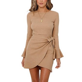 Womens Waffle Knit Crewneck Long Sleeve Bodycon Mini Wrap Dress