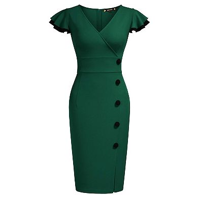 Womens Vintage Deep-V Neck Navy Style Party Pencil Dress