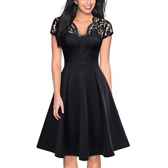 Womens Retro Floral Lace V-Neck Cocktail Party Swing Dress