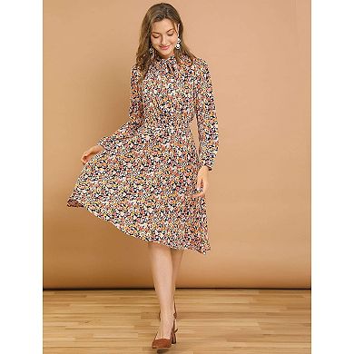 Womens Elegant Tie Neck Floral Dress with Long Sleeves