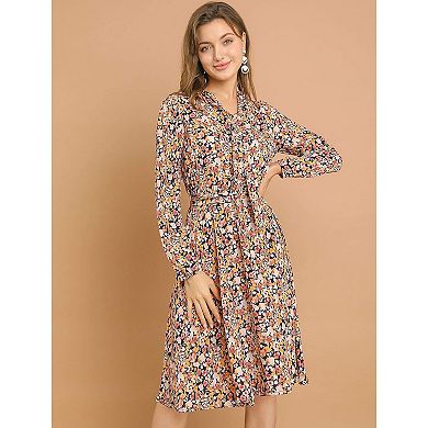 Womens Elegant Tie Neck Floral Dress with Long Sleeves