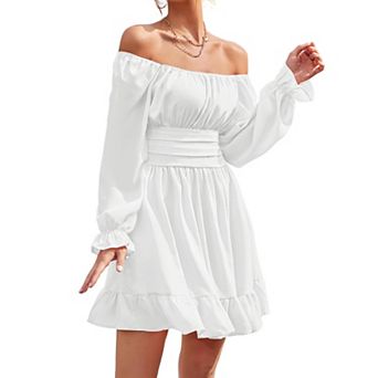 Womens Long Sleeve Mini Dress with Square Neck and Ruffle Hem