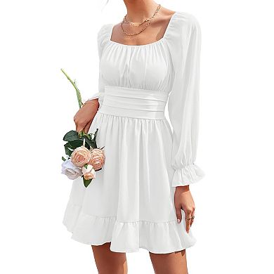 Womens Long Sleeve Mini Dress with Square Neck and Ruffle Hem