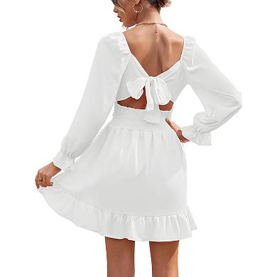 Womens Long Sleeve Mini Dress with Square Neck and Ruffle Hem