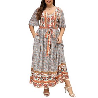 Womens Plus Size Boho Floral Positioning Print Casual Flared Maxi Dress With Pocket Nem422