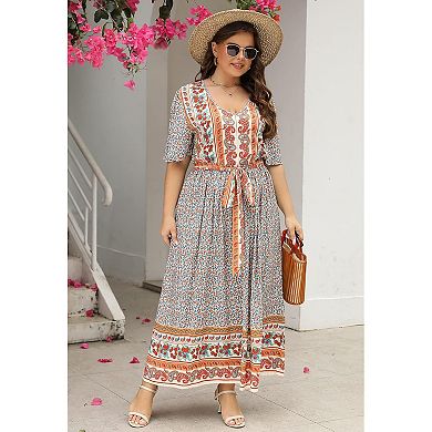 Womens Plus Size Boho Floral Positioning Print Casual Flared Maxi Dress With Pocket Nem422