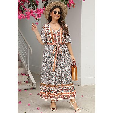 Womens Plus Size Boho Floral Positioning Print Casual Flared Maxi Dress With Pocket Nem422