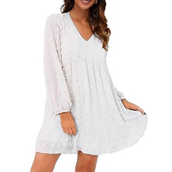 Womens White Dresses Flowy Babydoll Dress Chiffon Long Sleeve V Neck Cute Mini Tunic Dress