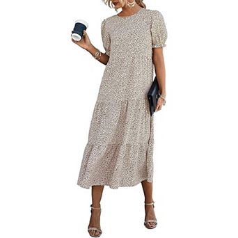 Womens Summer Casual Boho Dress Floral Print Ruffle Puff Sleeve High Waist Midi Beach Dresses