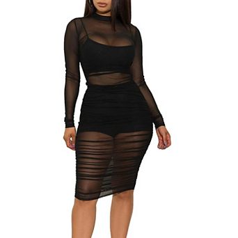 Womens Mesh Dress Long Sleeve Bodycon 3 pc Outfits With Cami Shorts Black