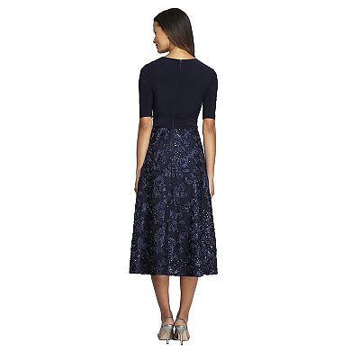 Womens Tea Length Jersey And Rosette Lace Dress