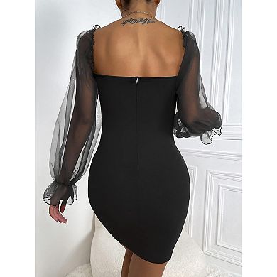 Womens Elegant Sweetheart Neck Mesh Sheer Bodycon Dress