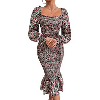 Womens Long Puff Sleeve Floral Midi Bodycon Dresses Square Neck Ruffle Mermaid Smocked Dress