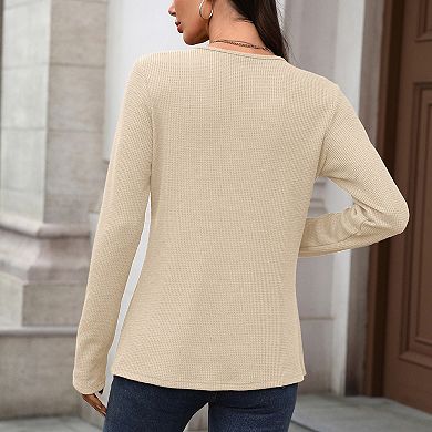 Women's Waffle-Knit Long-Sleeve Tee Loose-Fit Henley Button-Front Top Soft Casual Shirt