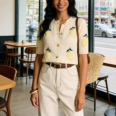 Women's Textured Knit Top Cream Short-Sleeve Button-Front Cardigan Casual Summer Sweater Blouse