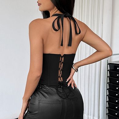 Women's Halter Backless Corset Tank Lace-Accent Boned Top with Button Front Stylish Blouse