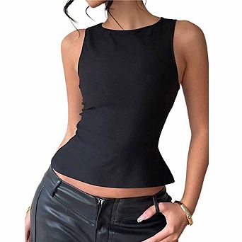 Women's Stretchy Sleeveless Tank Fitted Round Neck Peplum Top Slim-Fit Blouse
