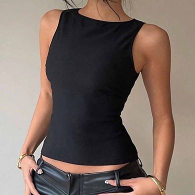 Women's Stretchy Sleeveless Tank Fitted Round Neck Peplum Top Slim-Fit Blouse