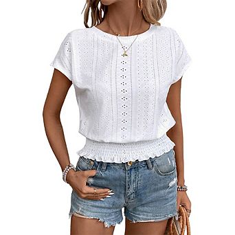 Women's Short-Sleeve Top Round Neck Smocked Waist Blouse Casual Summer T-Shirt