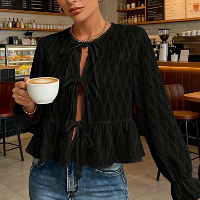 Women's Long-Sleeve Tie-Front Peplum Blouse Textured Top Casual Boho Shirt