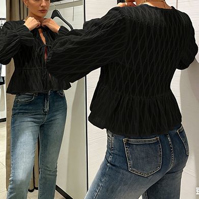 Women's Long-Sleeve Tie-Front Peplum Blouse Textured Top Casual Boho Shirt