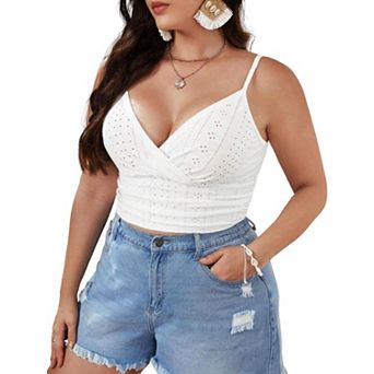 Women's Plus Size Eyelet Wrap Cami Sleeveless Slim Fit Cropped Tank Top