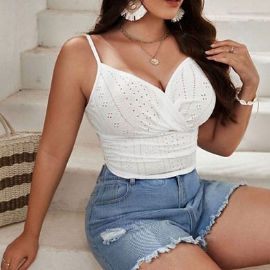 Women's Plus Size Eyelet Wrap Cami Sleeveless Slim Fit Cropped Tank Top