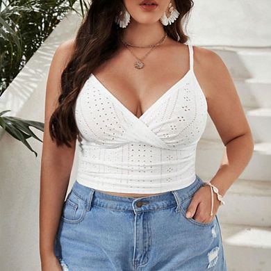 Women's Plus Size Eyelet Wrap Cami Sleeveless Slim Fit Cropped Tank Top