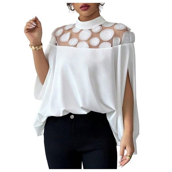 Women's Sheer Mesh Cape Blouse Mock Neck Shirt Loose-Fit Office Top