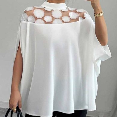 Women's Sheer Mesh Cape Blouse Mock Neck Shirt Loose-Fit Office Top